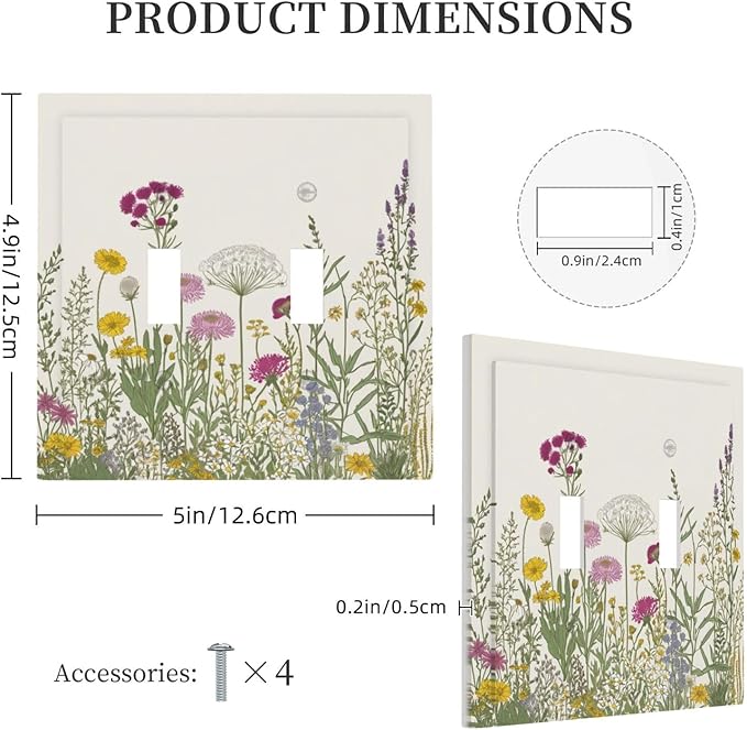 Decorative Light Switch Cover Wildflower Botanical Plant Herbs Flower 2 Gang Wall Plate Double Toggle Switch Plate Receptacle Electrical Outlet Cover Switchplate for Bathroom Livingroom（2 Pack）