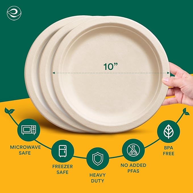 ECO SOUL 100% Compostable Paper Plates 10 Inch [500-Pack] Biodegradable Heavy Duty Eco-Friendly Disposable Plates for Dinner, Parties, Wedding & Event