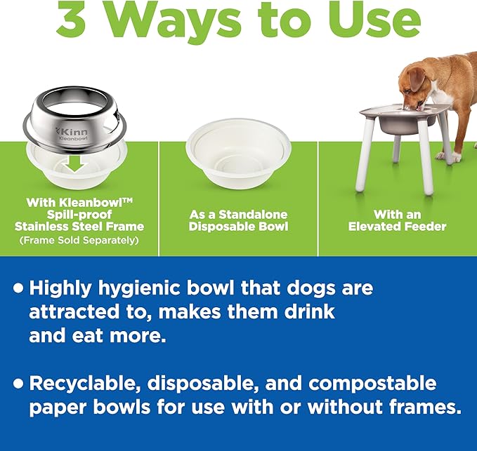 Kinn Kleanbowl Pet Bowl Stainless Steel Frame with Compostable Refills, 32 oz (Pack of 1) – Spill-Proof Stable Disposable Dog Bowls for Easy Cleaning and Healthy Pets, No Plastic