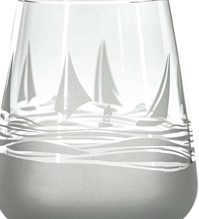 Rolf Glass Regatta Stemless Wine Tumbler 15.75 ounce | Proudly Made in the USA | Set of 4 Nautical Stemless Wine Glasses | Lead-Free Glass | Etched Tumbler Glasses