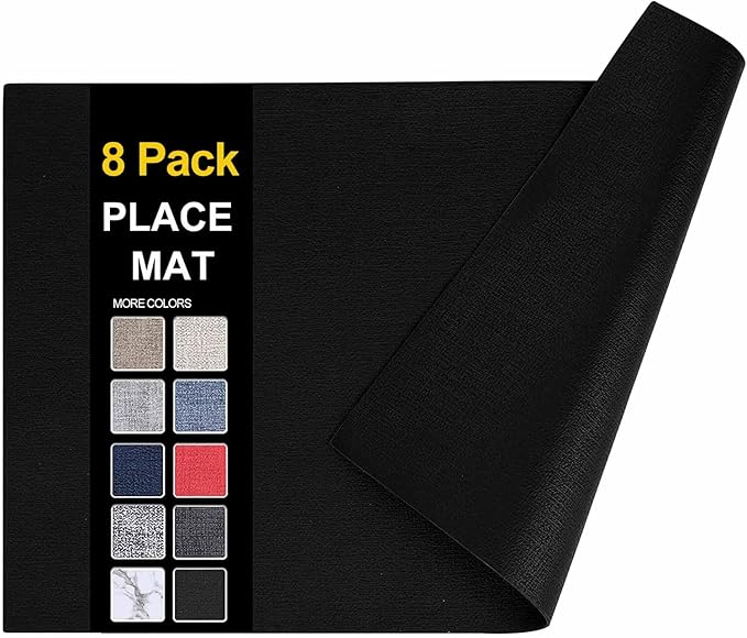 homing Faux Leather Heat Resistant Placemats 8 Packs, Waterproof Wipeable Dining PU Place Mats for Indoor & Outdoor, Easy to Clean, Black