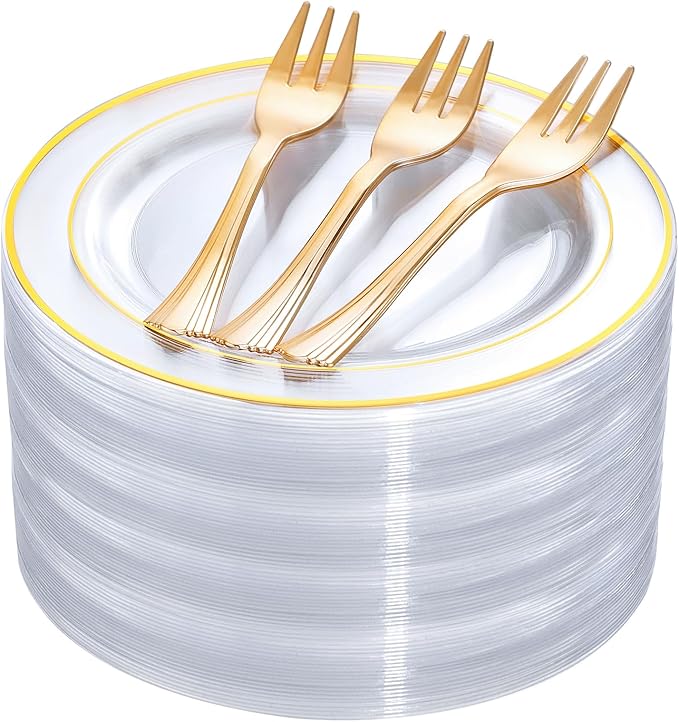 DaYammi 240Pcs Dessert Plates Include 120Pcs Gold Cake Plates 6.3inch with 120Pcs Gold Plastic Forks 5.7inch,Clear gold plates Disposable Salad Plate for Party Appetizer Plate for Wedding Birthday