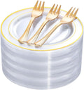 DaYammi 240Pcs Dessert Plates Include 120Pcs Gold Cake Plates 6.3inch with 120Pcs Gold Plastic Forks 5.7inch,Clear gold plates Disposable Salad Plate for Party Appetizer Plate for Wedding Birthday