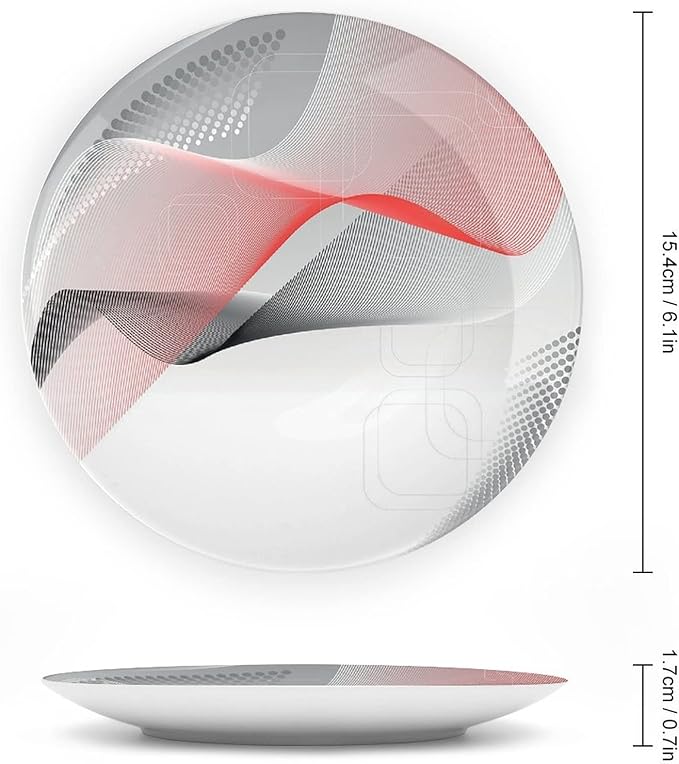 Ceramic Display Plate, Abstract Ceramic Hanging Decorative Plate, Modern Geometric Squares Dots Curves Waves, 8 Inch, Household Custom Ceramic Plate, Red Grey Black