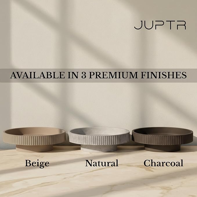 JUPTR 12” Fluted Concrete Fruit Bowl – Heavyweight Pedestal Decorative Bowl for Table Centerpiece, Entryway Catch-All & Modern Home Décor (Beige)