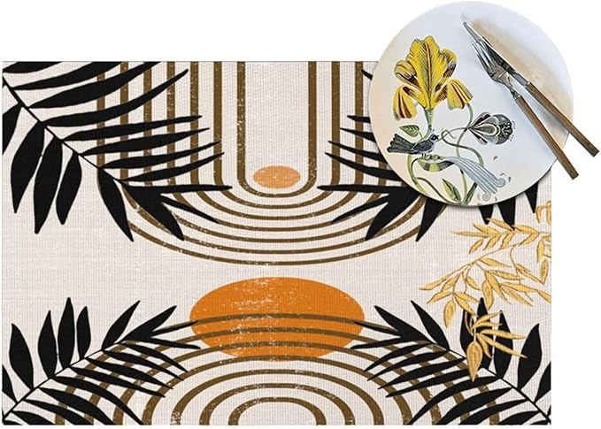 Vintage Mid Century Boho Placemats for Abstract Sun Bamboo Aesthetic Arch Curve Leaves Geometric Washable Place Mats 12x18Inch for Dining Kitchen Farmhouse Decor 4 PCS