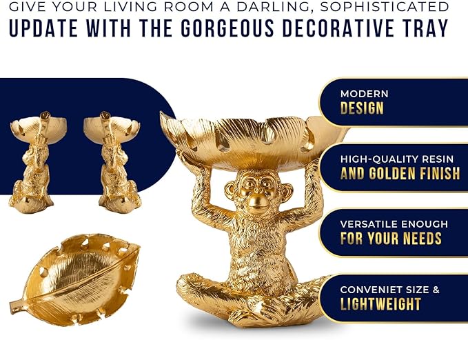 Comfify Adorable Monkey Decorative Bowl – Detailed Resin Sculpture w/Split Leaf Dish for Snacks, Nuts, Candies & More – Modern Decor Golden Finish for Keys or Jewelry