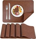 AAPLKER Faux Leather Placemats Set of 6, Vinyl Placemats Wipeable Waterproof Oil-Proof Table Mats, Heat Resistant Place Mats, Table Mats for Kitchen Indoor Outdoor, 15.8 x 11.8 inches (Brown)