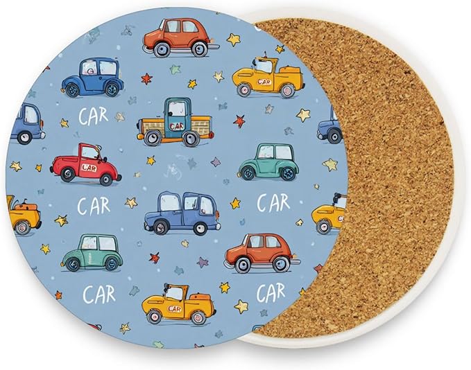 Coasters for Drinks Coaster Drink Set Decorative Coffee Table Desk Cup Mat Spring Cute Cork Bar Backing Round Home Decor Blue Cute Cars and Stars24