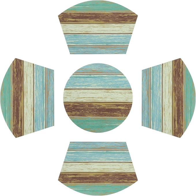 SHACOS Small Round Table Placemats Set of 5 Woven Vinyl Wedge Placemats with Centerpiece Round Table Mats Wipe Clean, Teal Brown Stripe Wood Board