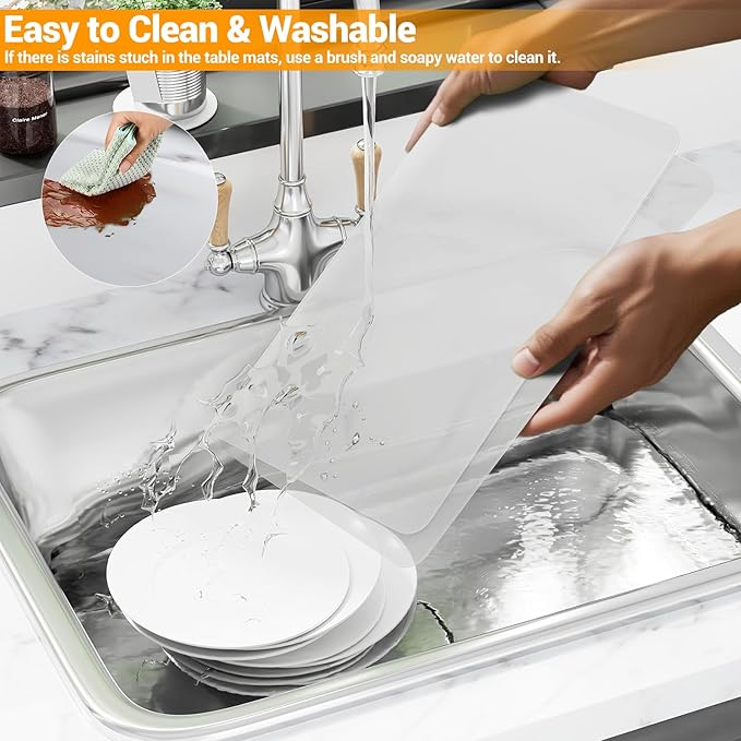 2-Pack Extra Thick Silicone Counter Mats - 24”x16” Large Heat Resistant Kitchen Countertop Protector, Non-Slip Hot Pad Trivet for Air Fryer, Hot Pots & Pans, Coffee Maker(White Translucent)