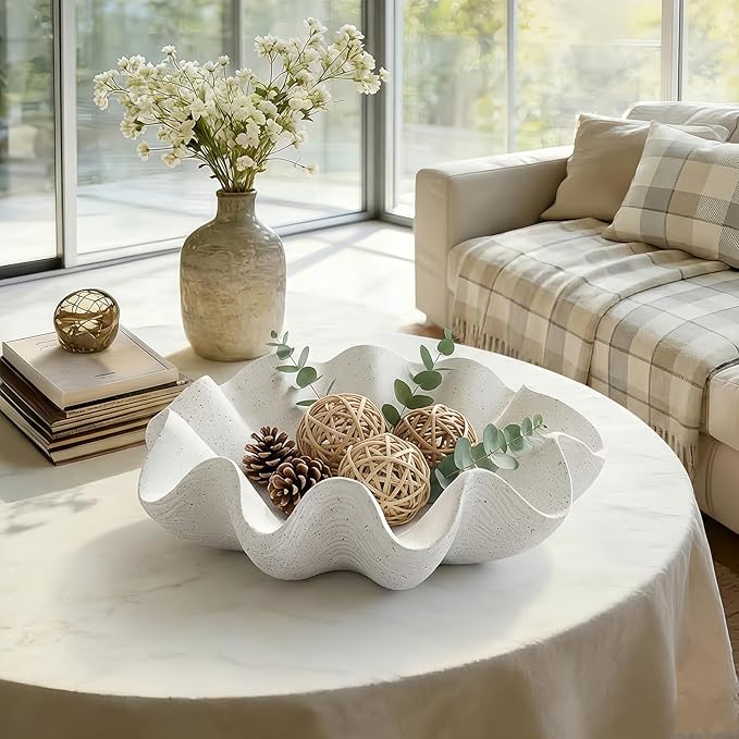 Scalloped Decorative Bowl Home Decor - 12.6" Modern Handicraft Large Shell Ruffle Decorative Fruit Bowl for Kitchen Counter, Chic Key Tray for Entryway Table, Artificial Stone White