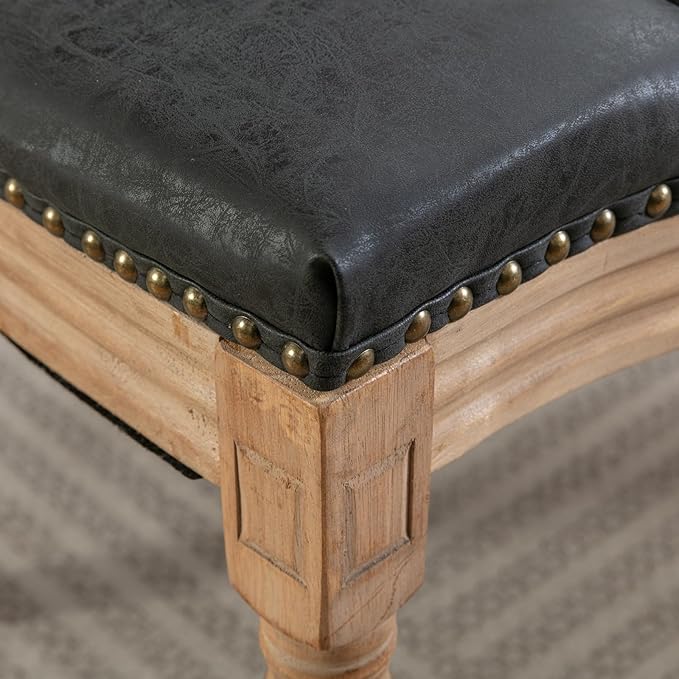 Ball & Cast French Vintage Upholstered Dining Chairs Set of 2, Button Tufted Kitchen Side-Chairs with Carved Antique Wood Frame & Nailhead Trims, PU-Leather Curved Backrest Louis Chair, PU Black