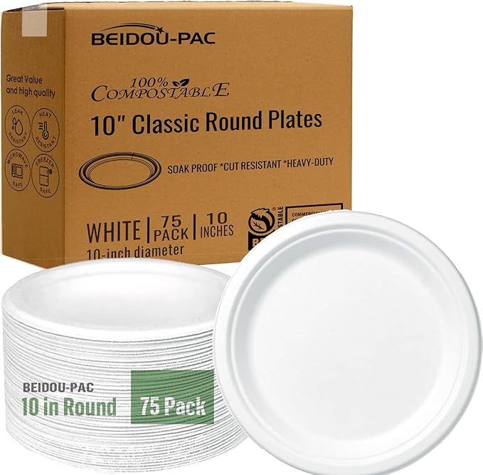 Compostable Heavy Duty Disposable Paper Plates, 75 Count | 10 Inch Round | Natural Bagasse, White Biodegradable Eco-Friendly Sugarcane BBQ, Party, Gathering, Picnic Sugarcane Tray