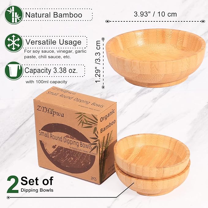 Bamboo Snack Bowls, Small Low Serving Bowls for Charcuterie/Fruit/Candy, 3.4 oz Handmade Dipping Bowl for Spice/Salsa/Tomato Sauce, Farmhouse Wooden Ramekins for Kitchen Set of 2