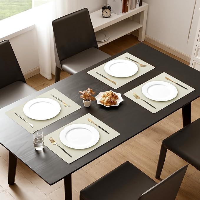 MOSAYT Vinyl Placemats Set of 6, Heat Resistant Place Mats 100% Waterproof Washable & Wipeable Faux Leather Reversible Table Mats for Kitchen Dining Party Indoor Outdoor, 12" x 17", Beige