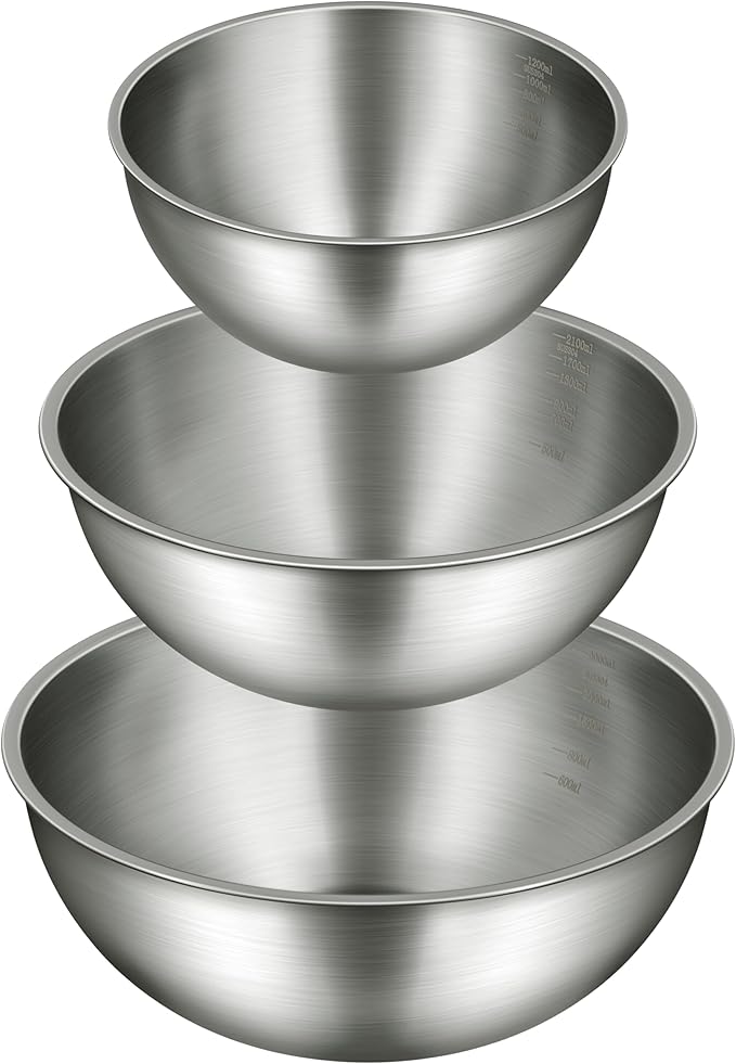 3-Piece Stainless Steel Mixing Bowls Set, 2.4, 3.2 & 4.9 Qt with Measurement Marks, Food Grade 304, Dishwasher Safe & Stackable for Baking, Tossing Salads, and Meal Prep for Your Kitchen