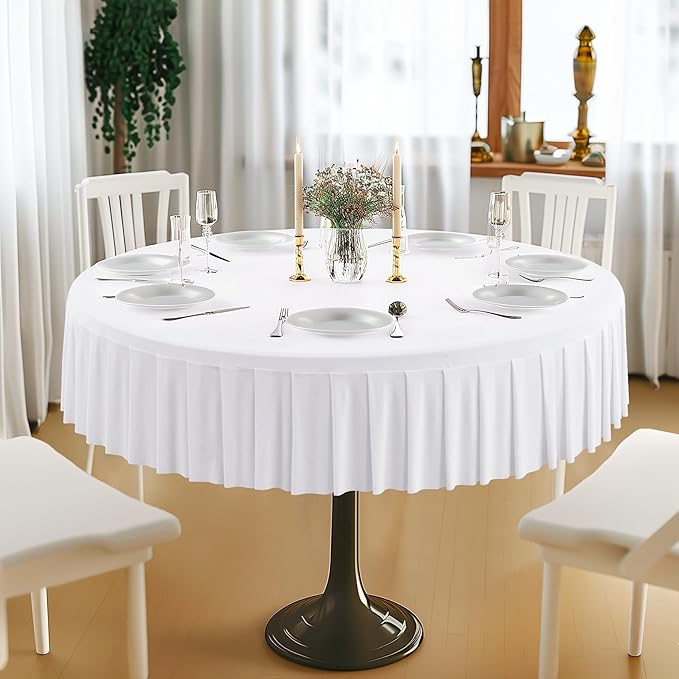 2 Pack White Spandex Round Tablecloths for 60 inch Tables, Stretchy Fitted 5FT Round Table Cloths, Wrinkle Free Table Cover with Skirt for Wedding Party Dining Banquet Baby Shower