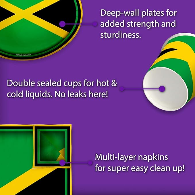 Jamaican Flag Jamaica Birthday Party Supplies Set Plates Napkins Cups Tableware Kit for 16