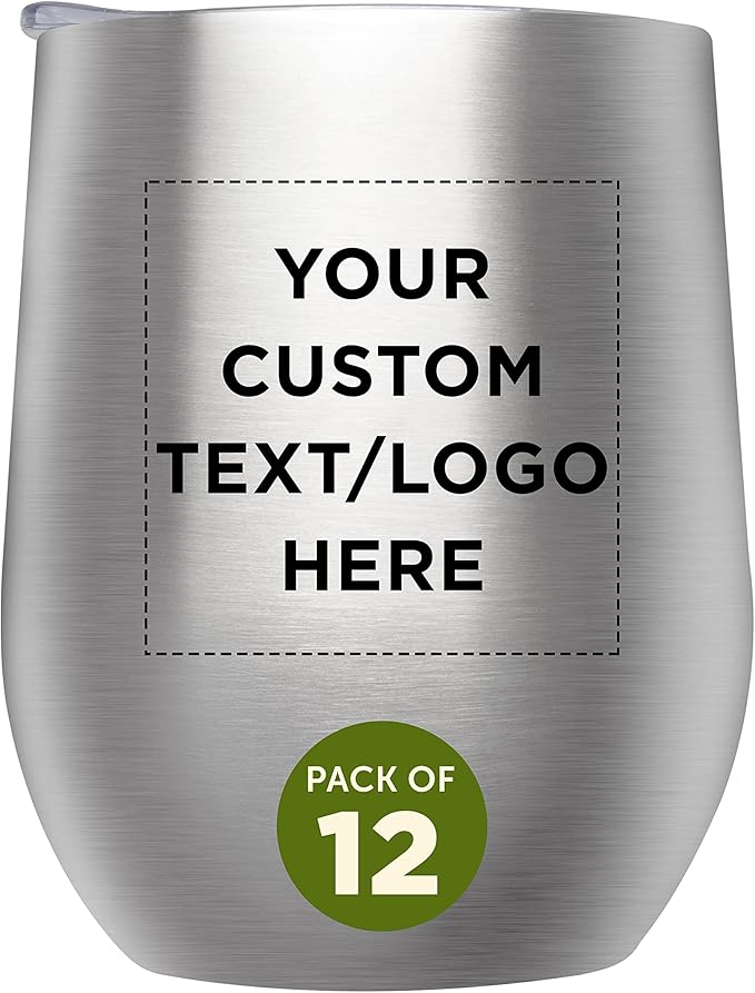 Custom Stemless Wine Glass Tumblers with Lids by Largo 11 oz. Set of 12, Personalized Bulk Pack - Perfect for Wine, Cocktails, Other Hot & Cold Beverages - Silver