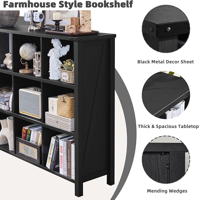 12 Cube Storage Organizer, Farmhouse 62 Inch Wide Black Oak Display Bookshelf, Wooden 3 Tier Large Open Book Shelf, Vintage Bookcase for Home Office, Cubby Cabinet for Living Room, Office