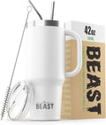 Beast 42 oz Tumbler with Handle Stainless Steel Vacuum Insulated Coffee Ice Cup Double Wall Travel Flask (Arctic White)