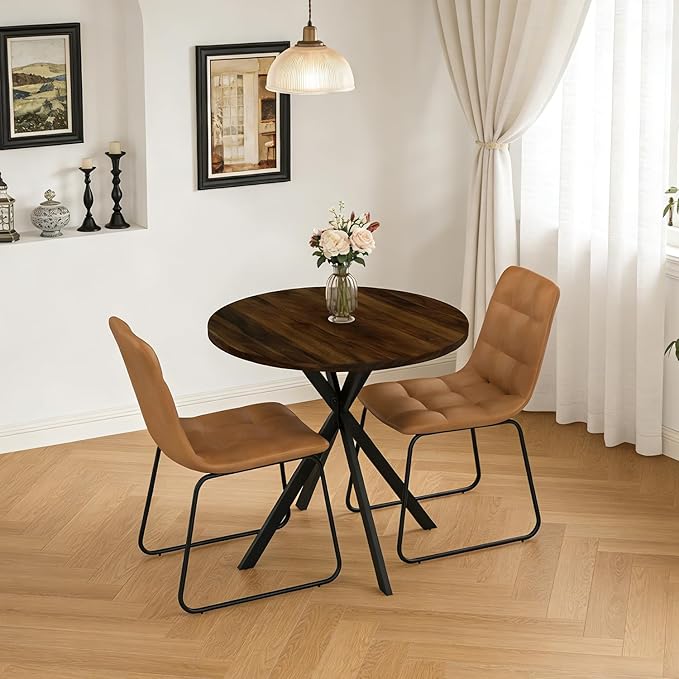 31.5" Round Dining Table Chairs Set for 2, Small Dining Table Chairs Set Space-Saving, Small Dinette Sets for 2 for Kitchen Dining Room Apartment(Walnut Table + Brown Chairs)