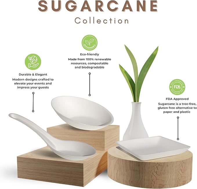 50 Pack Tiny Sugarcane Tear Spoon White Mini Eco-Friendly Tear Drop Serving Tray Disposable Plates Mini Appetizer Plates Sustainable Eco-Friendly Catering Supplies for Weddings CMJJ
