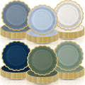 96 Pcs Dusty Blue Sage Green Paper Plates 9 Inch Green Blue Scalloped Paper Disposable Dinner Dessert Plates for Birthday Wedding Bridal Party Supplies, 6 Colors