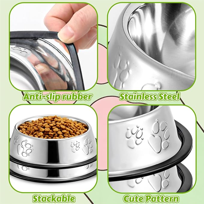 10 Pack Stainless Steel Cat Bowl, 7 Oz Mini Shallow Puppy Pet Bowls with Rubber Base, Stackable Dog Food Water Feeding Dish for Indoor Kitten Small Dog (XS)