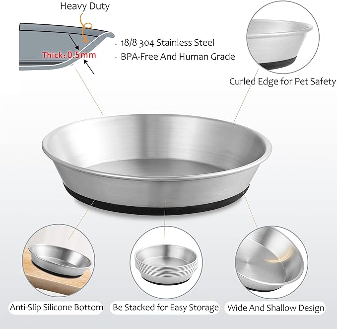 Stainless Steel Cat Bowls,Whisker Friendly Shallow Cat Dishes for Food and Water,Non-Slip Silicone Bottom,Heavy Duty,Replacement Kitten Metal Plate for Elevated Stands,3 Pack