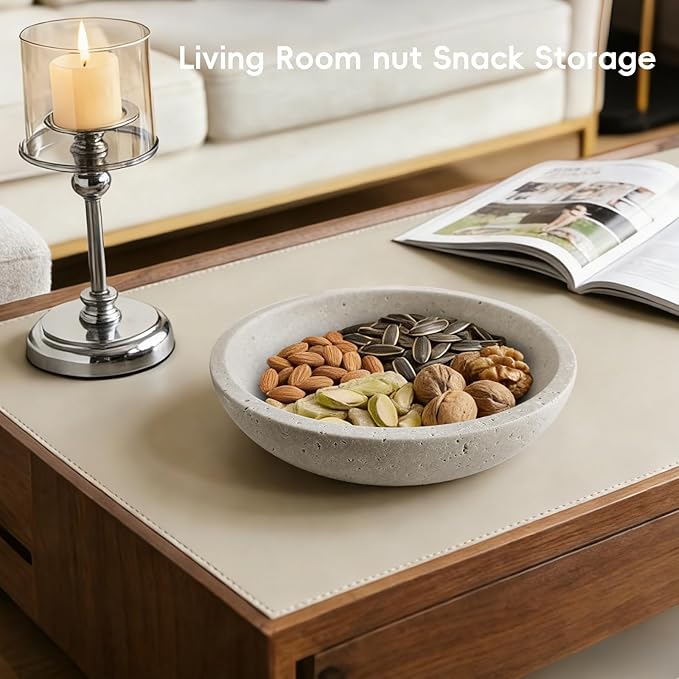 Marble Fruit Bowl for Kitchen Counter - Decorative Serving Bowl with Gray Travertine Design, Modern Home Decor (7.8 Inch)