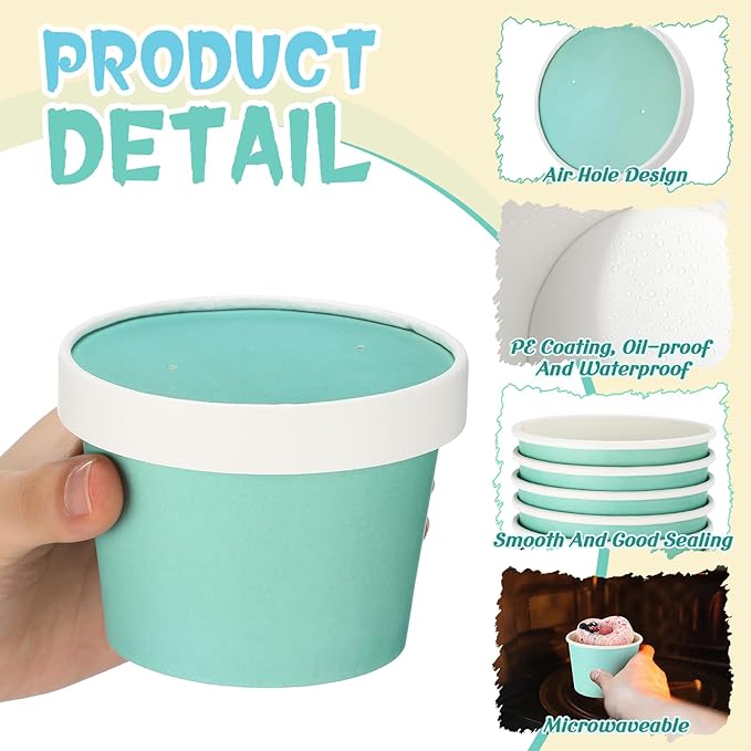Fulmoon 100 Pack Paper Soup Containers with Lids Disposable Paper Food Containers with Vented Lid Kraft Ice Cream Cake Dessert Cups Soup Bowl for Party Hot Food Fruit Microwave(8 oz,Multi Colors)