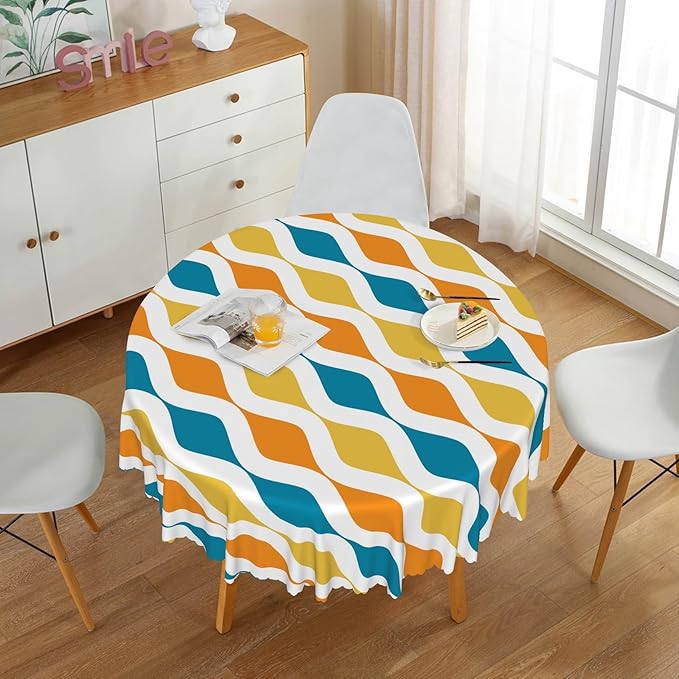 Laeacco 24 Inch Geometric Round Tablecloth Blue and Orange Waved Stripes Modern Abstract Art Print Table Cloth Washable Waterproof Wrinkle Free Table Cover for Kitchen Dining Picnic Party Decoration