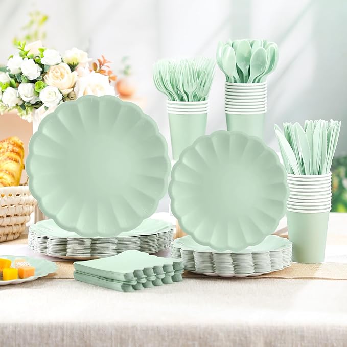 350 Pcs Light Green Scalloped Paper Plates Shell Edge Disposable Tableware Cocktail Napkins Cups Plastic Spoons Forks Knives for Wedding Baby Shower Picnic Birthday Party Supply for 50 Guests