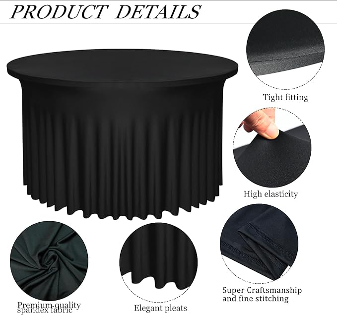 2 Pack 48" Diameter x 30" Height Black Table Skirt | Fits 4FT Round Tables |Polyester Spandex Round Table Cloths with Skirt|Stain 、Wrinkle Resistant、 for Wedding,Party,Dining,Banquet