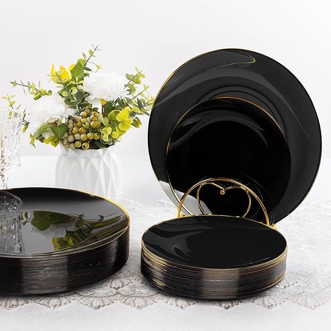 100 PCS Black Gold Plastic Plates, 7 inch Black Disposable Plates for Party, Disposable Dessert Plates for Party, Graduation, Birthday, Wedding