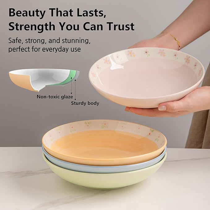 Handmade 8.4'' Ceramic Large Pasta Bowls Set of 4 – 35oz Floral Salad Bowls for Pasta, Soup, Noodles, Salad & Dinner – Microwave, Dishwasher & Oven Safe – Spring Blossom