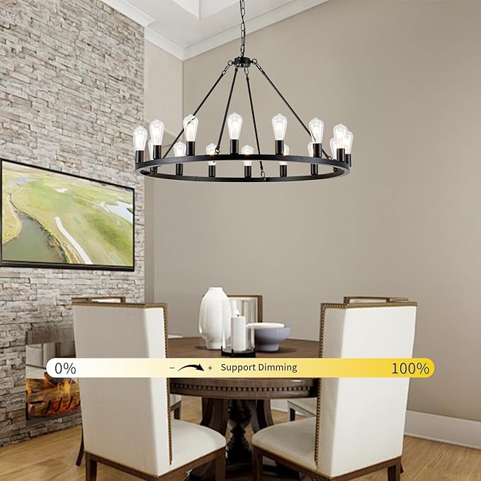 16-Light Black Wagon Wheel Chandelier, 40 inch Farmhouse Chandelier Dining Room, Round Rustic Chandeliers, Vintage Ceiling Hanging Pendant Light Fixture for Kitchen Island Living Room Bedroom Foyer