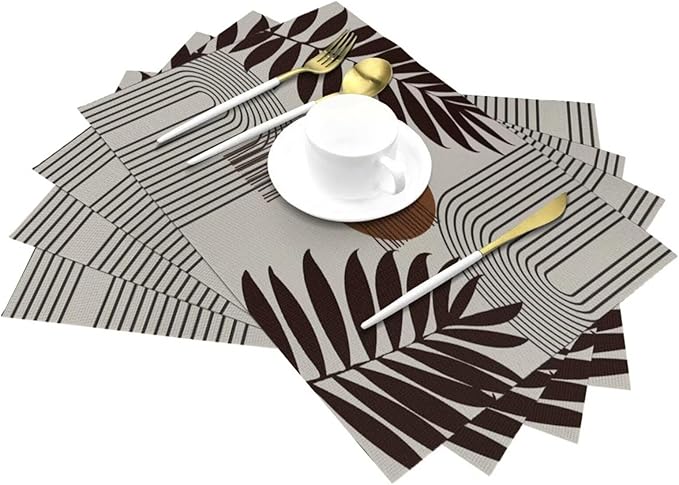 Mid Century Abstract Boho Placemats Geometric Neutral Beige Modern Leaf Plant Semicircle Art Washable Place Mats 12x18Inch for Dining Kitchen Farmhouse Decor 6 PCS