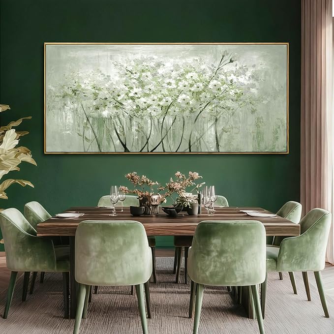MLART99 Soft Green and White Floral Canvas Extra large Flower Wall Art Texture Botanical Print Plant Posters- 32x70 Inch Modern Home Decor for Living Room Entryway