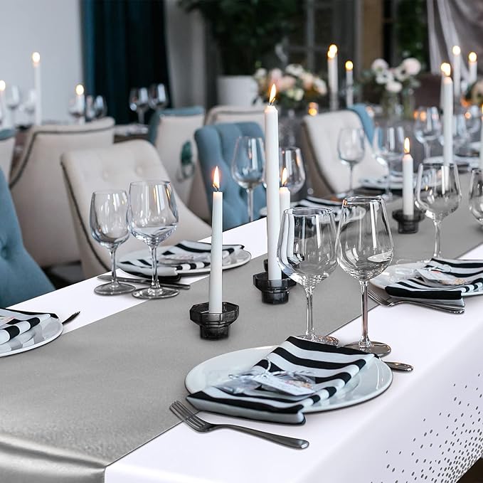 Breling 8 Pack White and Silver Disposable Plastic Tablecloths and Satin Table Runner Set, 54 x 108 Inch Tablecloth, 12 x 108 Inch Table Runners for Wedding Graduation Birthday Baby Shower New Year