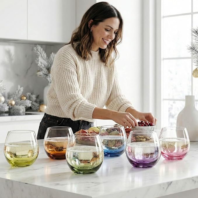ColoVie 15oz Stemless Wine Glasses Set of 6, Lead-Free Crystal Colored Gradient Wine Glass, Iridescent Ombre Glassware for Red & White Wine, Unique Housewarming & Birthday Gifts for Women