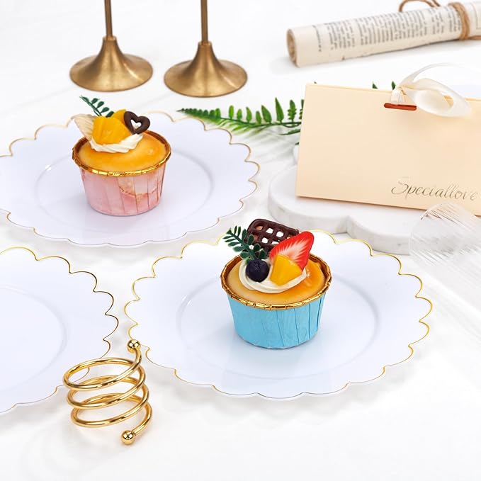 SUT 72Pcs Plastic Plates-7.5inch White Dessert Plates with Gold Trim, White Disposable Plates, Disposable Plates,Fancy Plastic Plates, Heavy Duty Plastic Plates for Parties