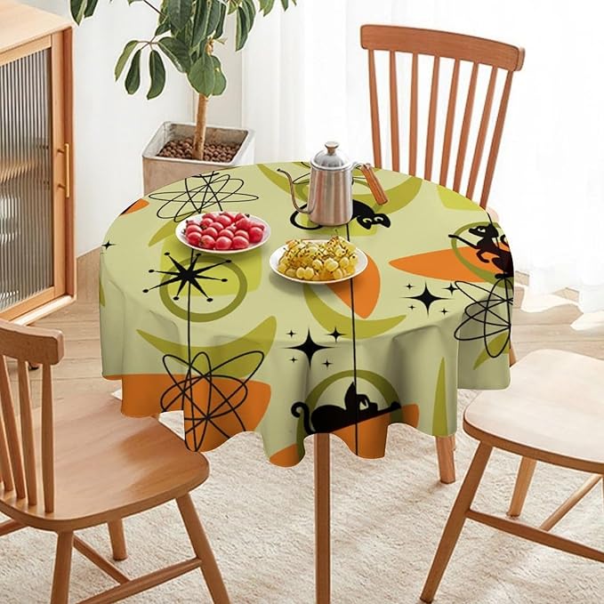 Mid Century Black Cat Round Tablecloth, Vintage Modern Bohemian Abstract Geometric Retro Art Tablecloth for Home Party Dining Room Kitchen Decor 50Inch(127cm)