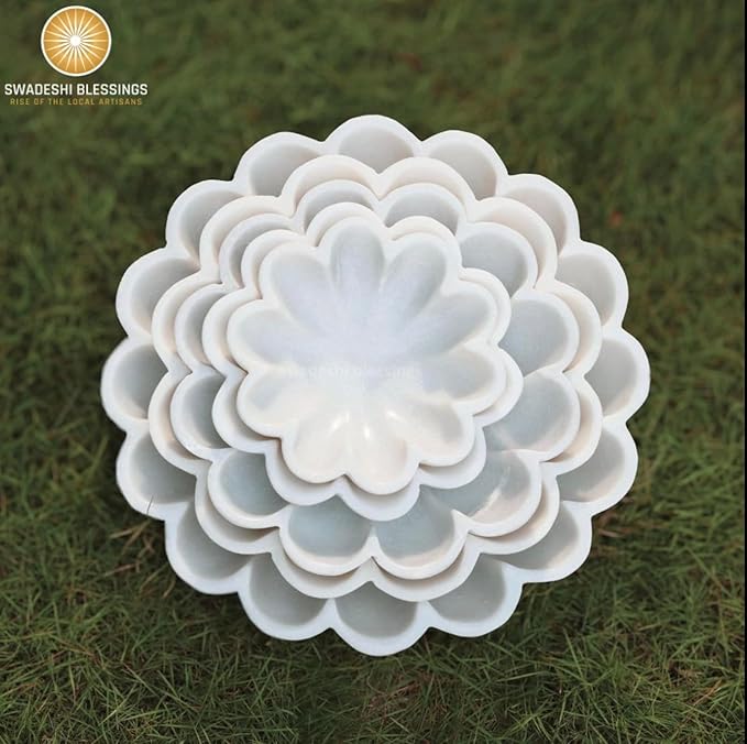 HandCrafted Marble Decorative Bowl | White Ruffle Scalloped Fluted Key/Fruit Ring Dish | Organic Modern Home Decor (10 Inches)