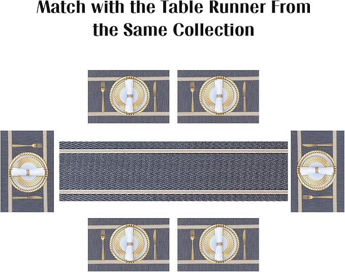 FAVE Placemats Set of 8 Blue Placemats Woven with Golden Thread Durable and Wipeable Vinyl Placemats Table Mats Set of 8 for Wedding, Banquet, Birthday, Party, Restaurant (Blue, 12"x18"-8PCS)