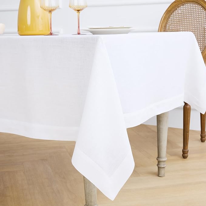 Solino Home Linen White Tablecloth 60 x 102 Inch - 100% Pure Linen Rectangular Tablecloth - Machine Washable Table Cloth for Winter, Valentines, Spring, Easter - Fete