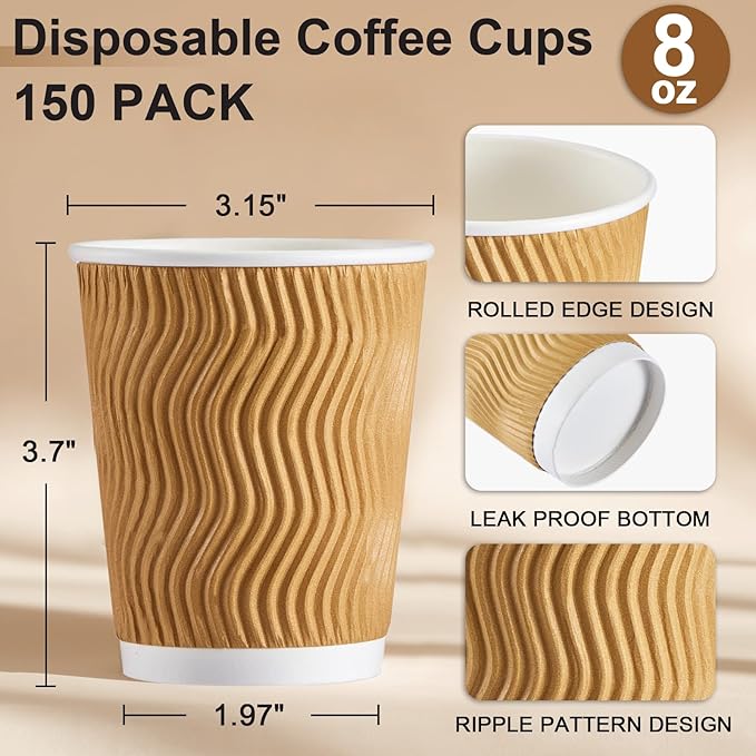 SIUQ 8 oz Coffee Cups - 150 Pack, Insulated Disposable Paper Cups 8 oz, Corrugated Ripple Wall Cups for Hot Beverage or Cold Drinks (Champagne)