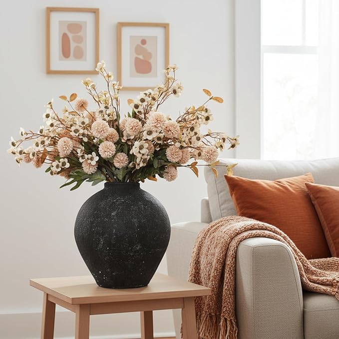 Beige Silk Flower Arrangements Home Decor, Large Floral Centerpieces For Tables, 22 Long Stems Fake Mums + Eucalyptus + Wild Flowers in Bulk, Artificial Flowers Coffee Dining Table, Faux Mums Flowers